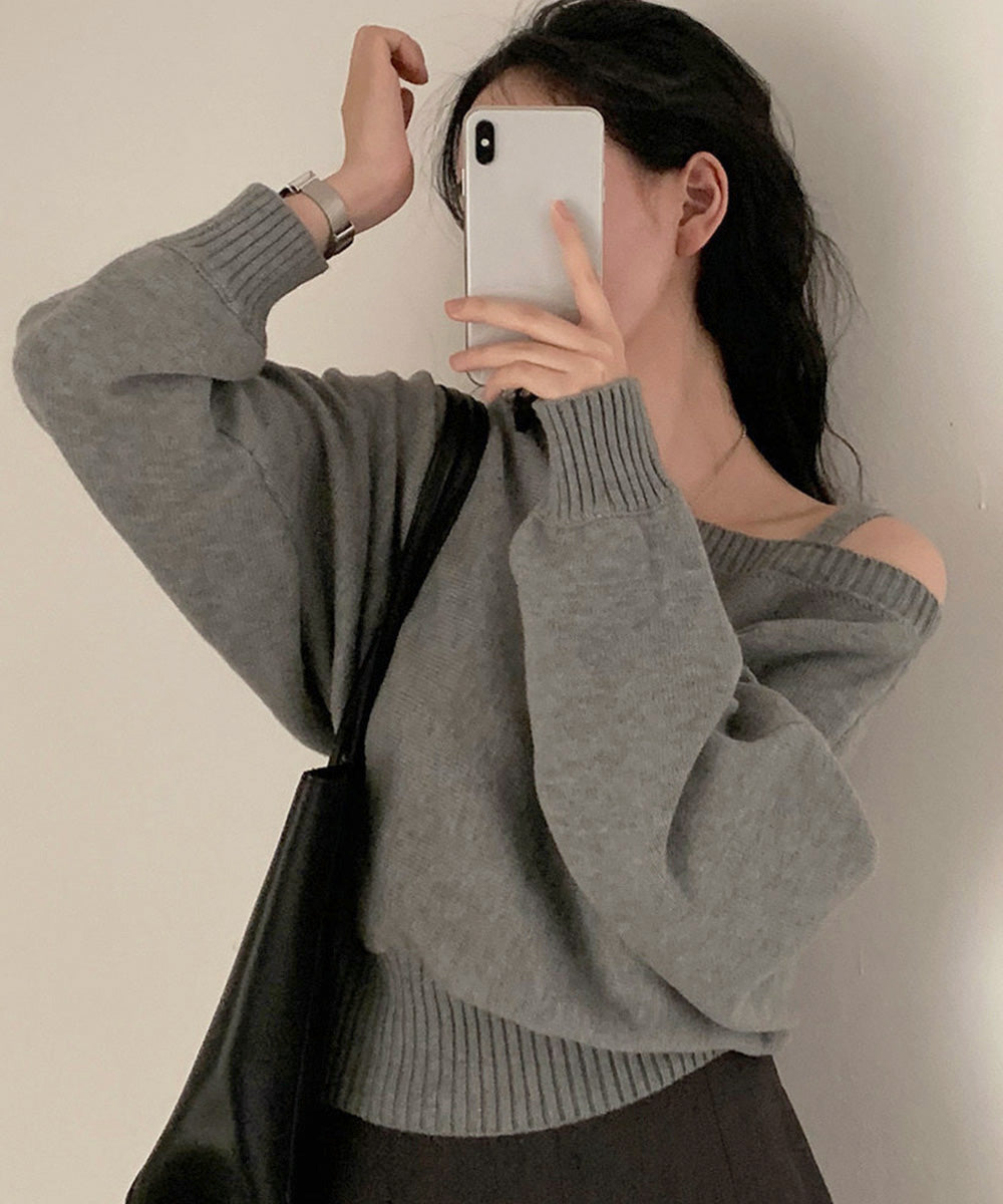 オフショルダーニットトップス肩見せ秋冬服 詳細画像22