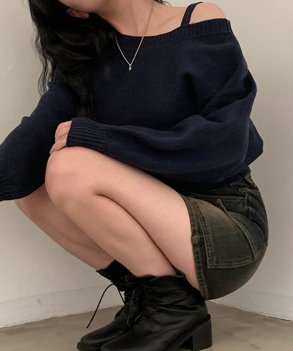 オフショルダーニットトップス肩見せ秋冬服 詳細画像23