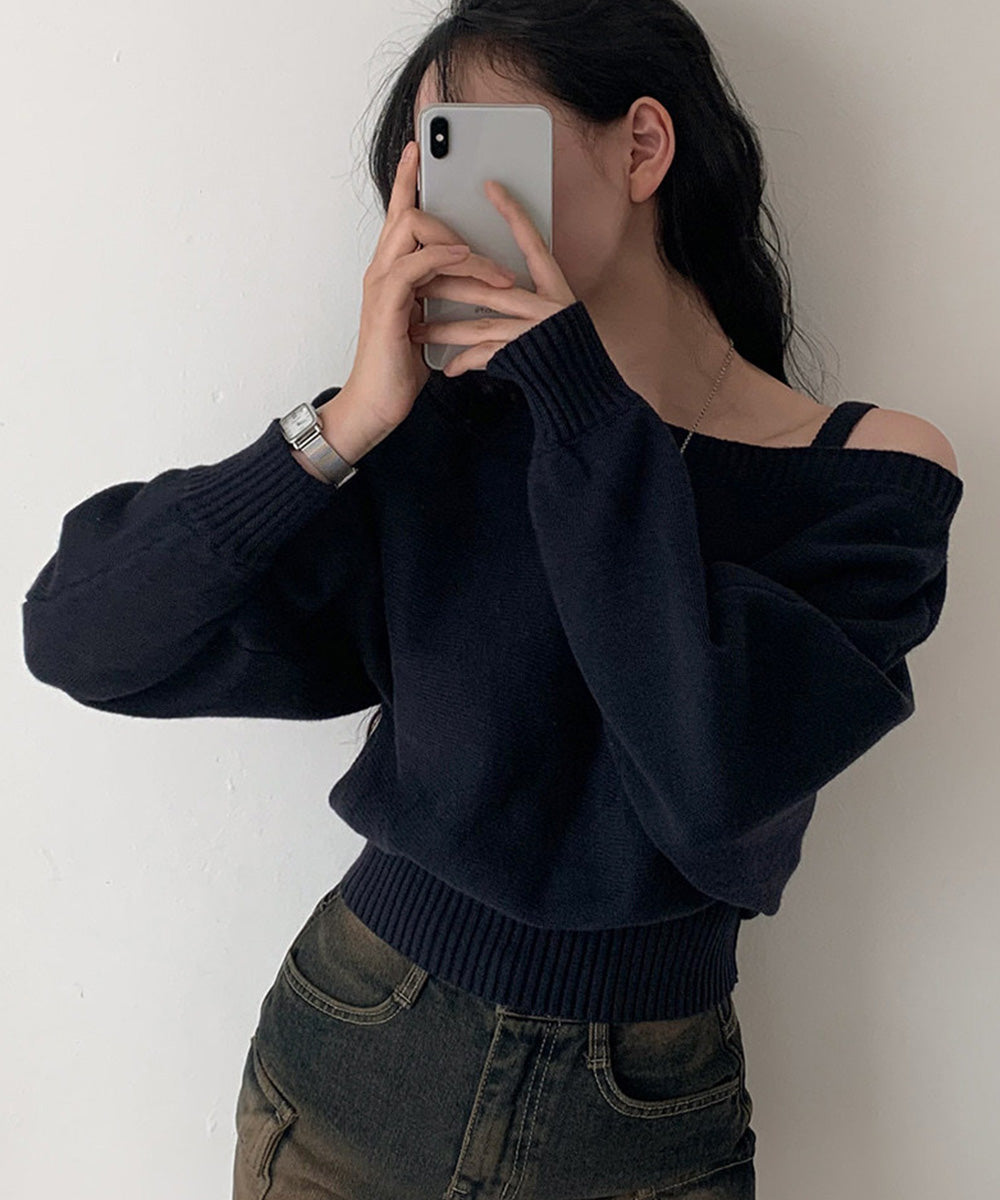 オフショルダーニットトップス肩見せ秋冬服 詳細画像24