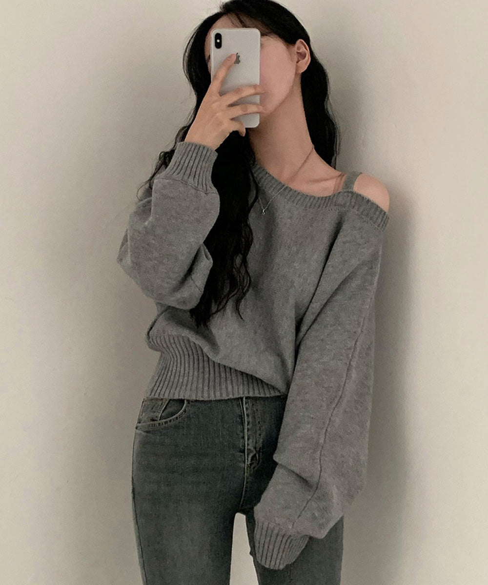 オフショルダーニットトップス肩見せ秋冬服 詳細画像3