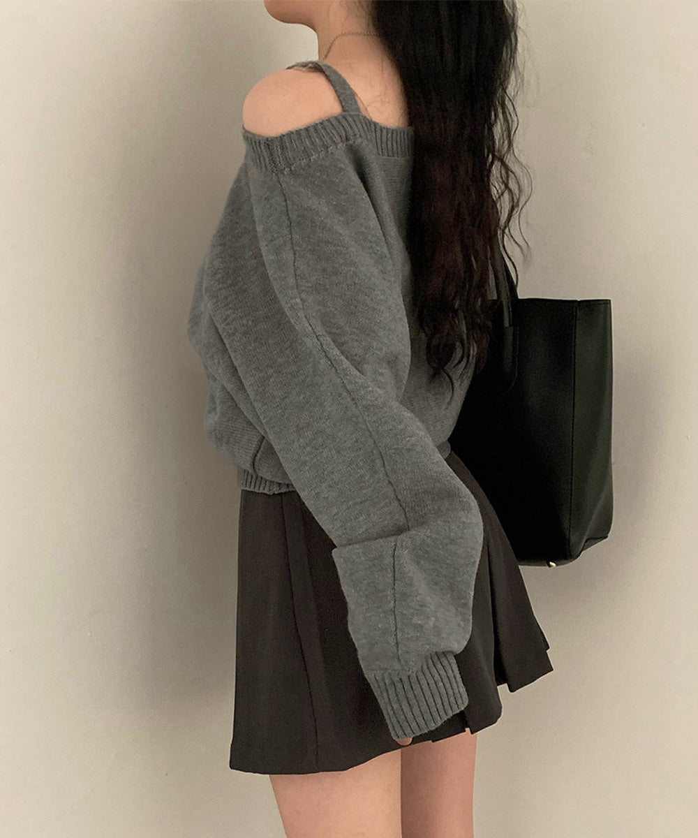 オフショルダーニットトップス肩見せ秋冬服 詳細画像4