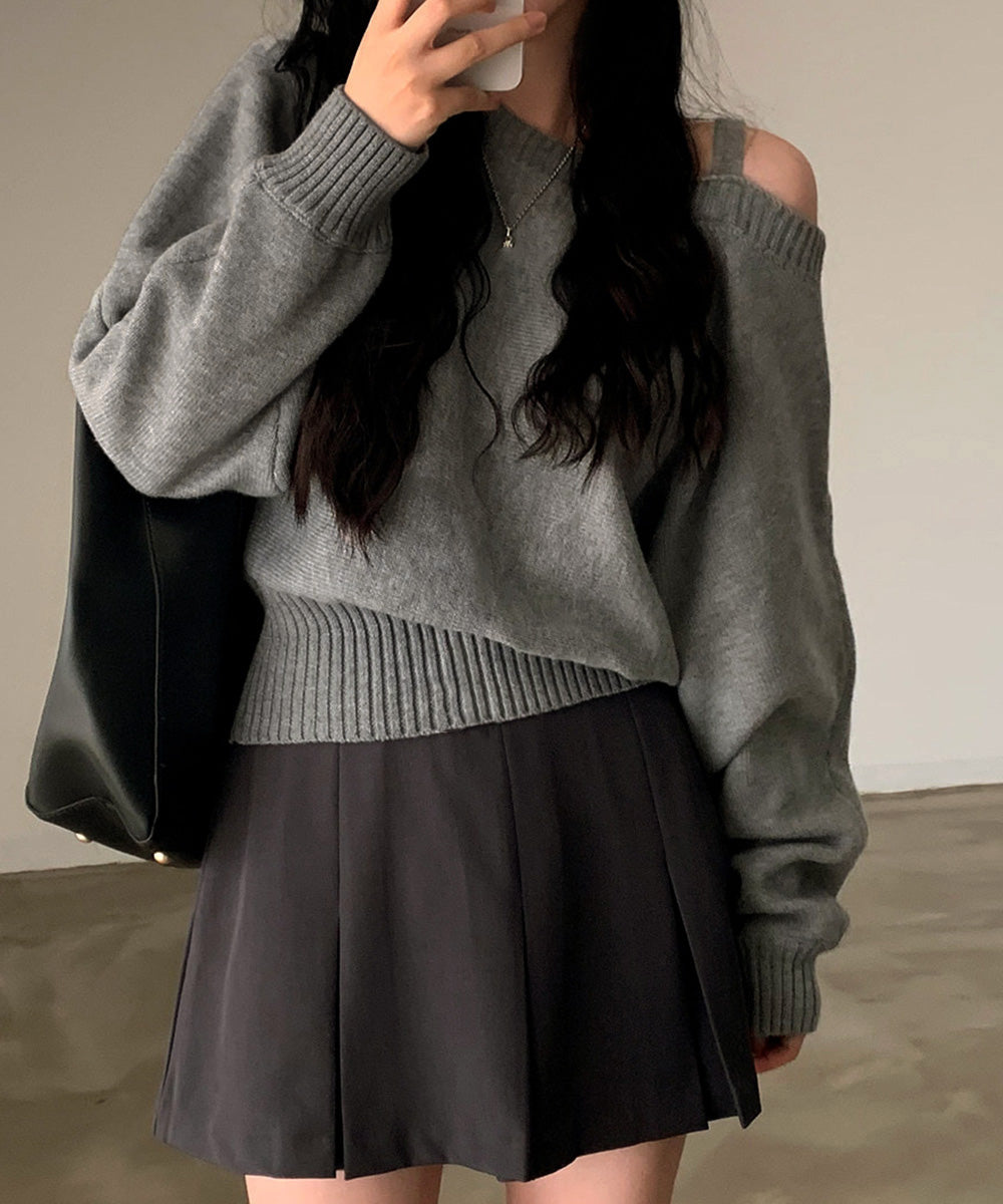 オフショルダーニットトップス肩見せ秋冬服 詳細画像5
