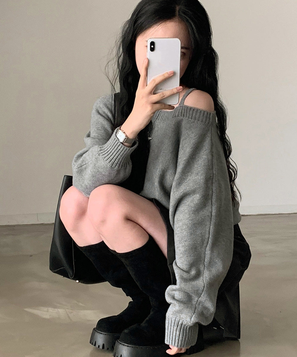 オフショルダーニットトップス肩見せ秋冬服 詳細画像6