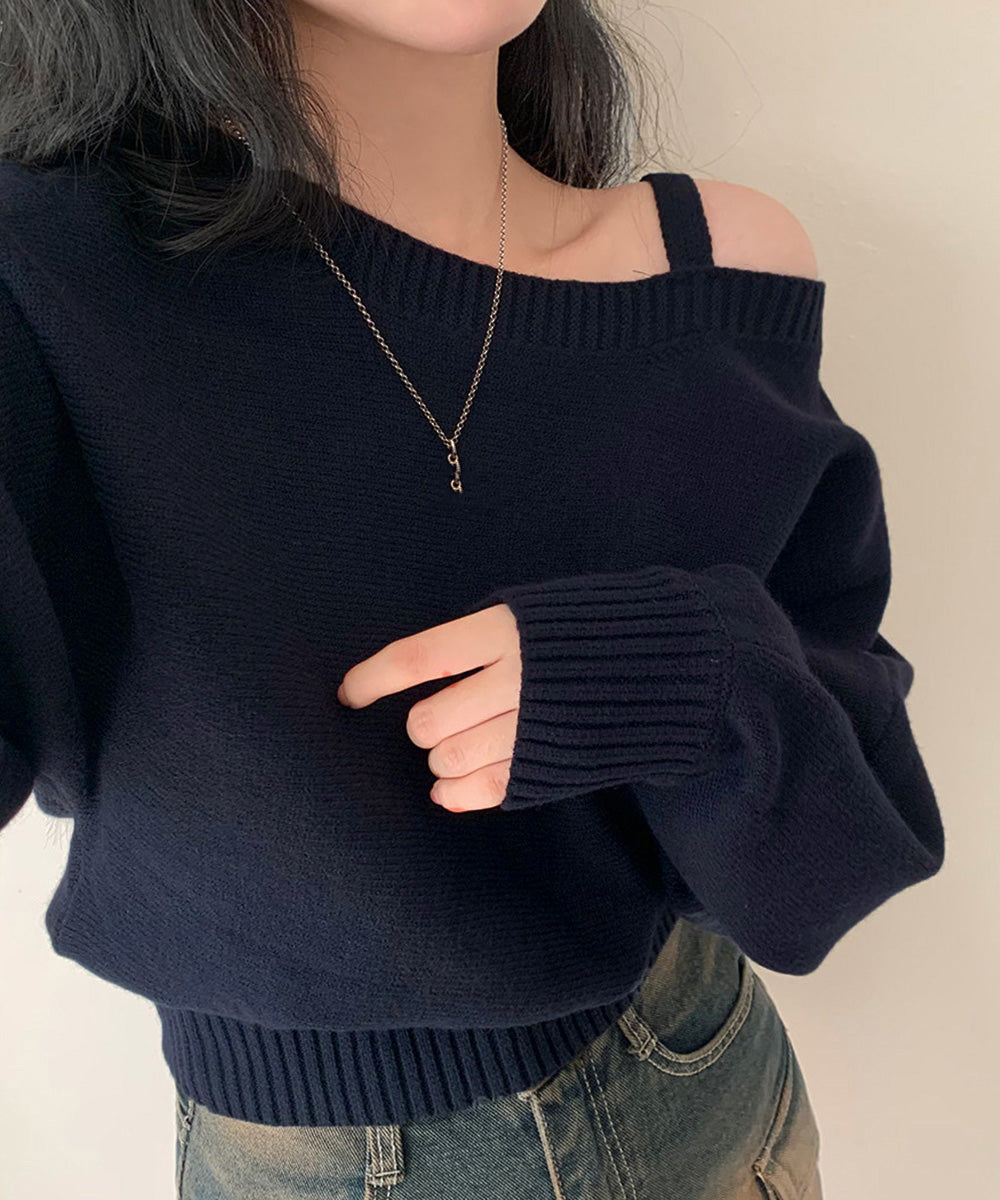 オフショルダーニットトップス肩見せ秋冬服 詳細画像7