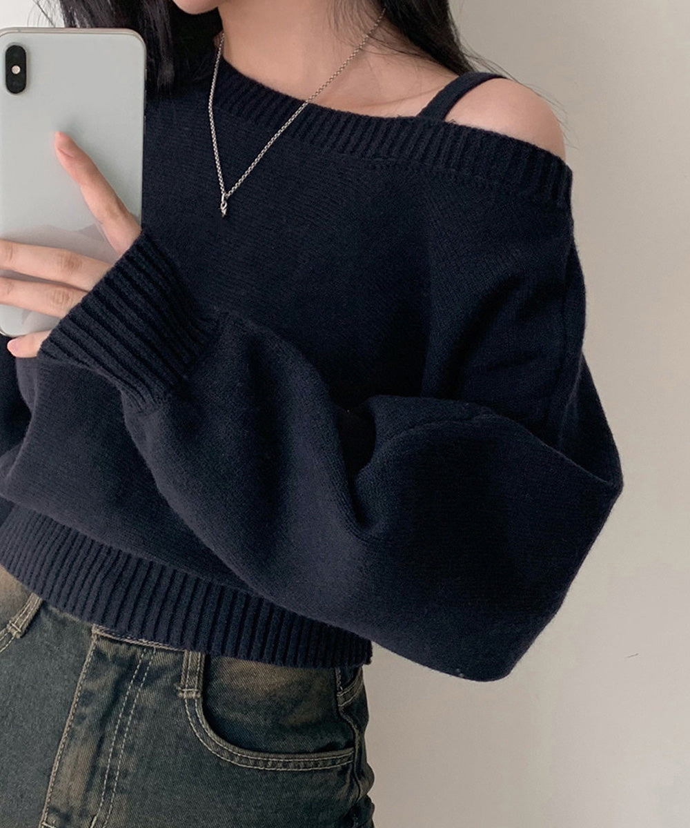 オフショルダーニットトップス肩見せ秋冬服 詳細画像8