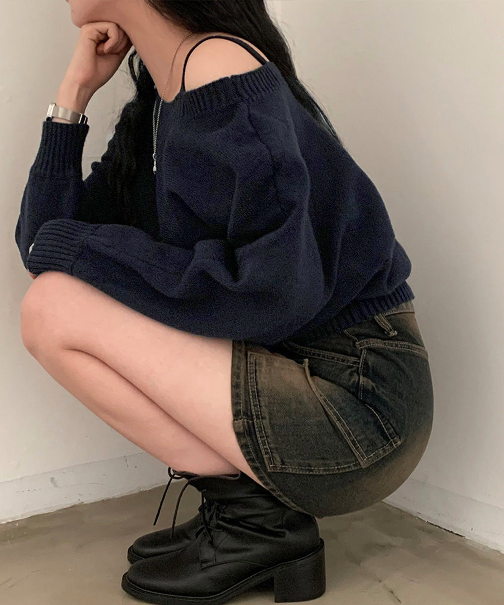 オフショルダーニットトップス肩見せ秋冬服 詳細画像9