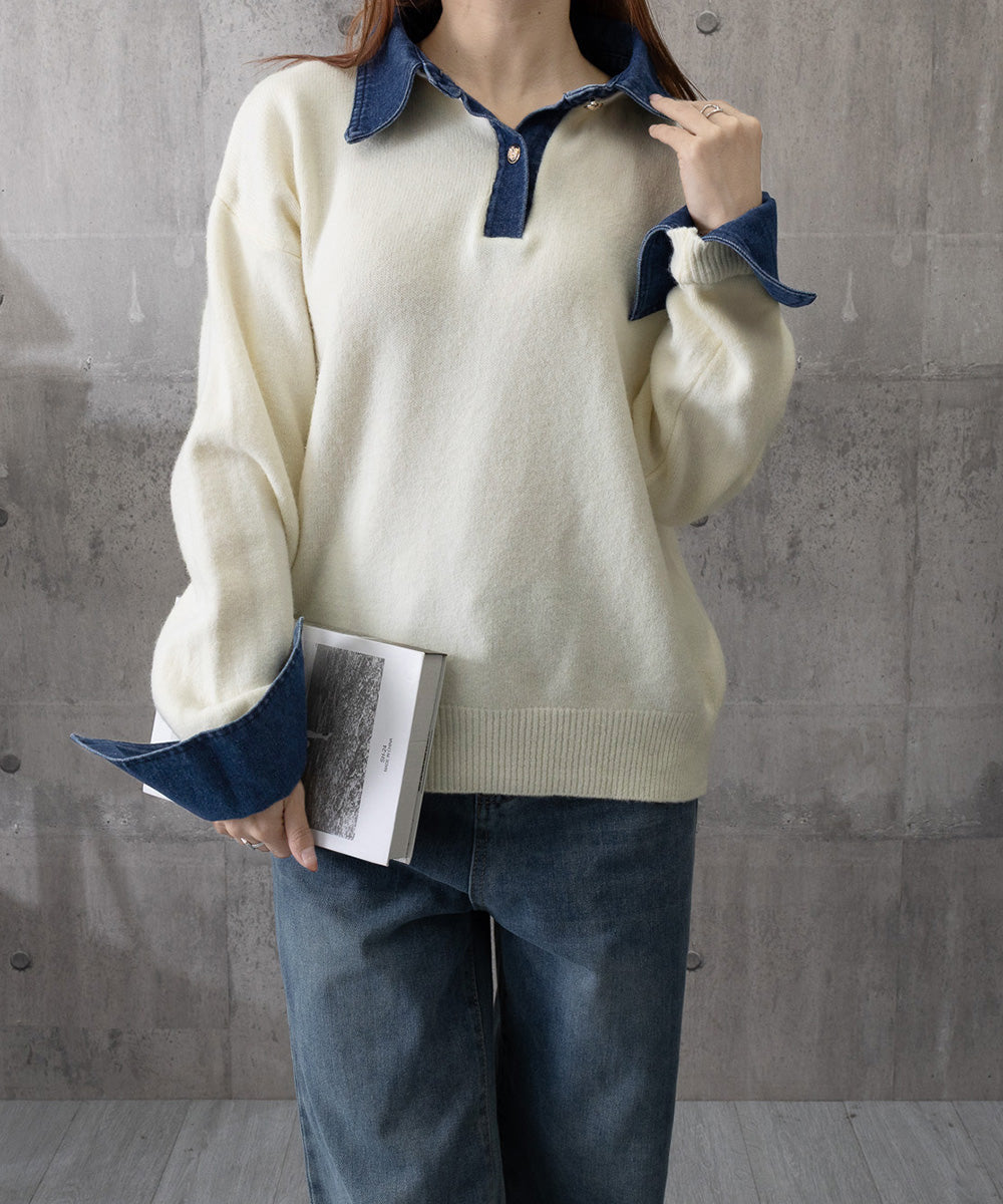 デニム切り替え レイヤード風ニットポロ襟 詳細画像18