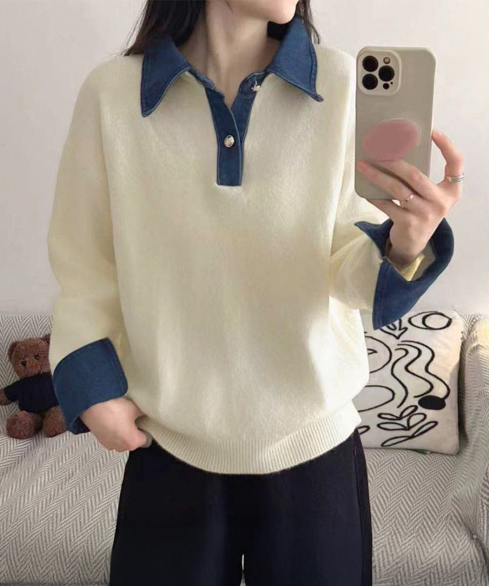 デニム切り替え レイヤード風ニットポロ襟 詳細画像8