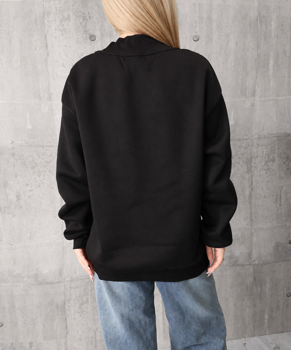 Vネックロゴプリント裏起毛スウェット長袖