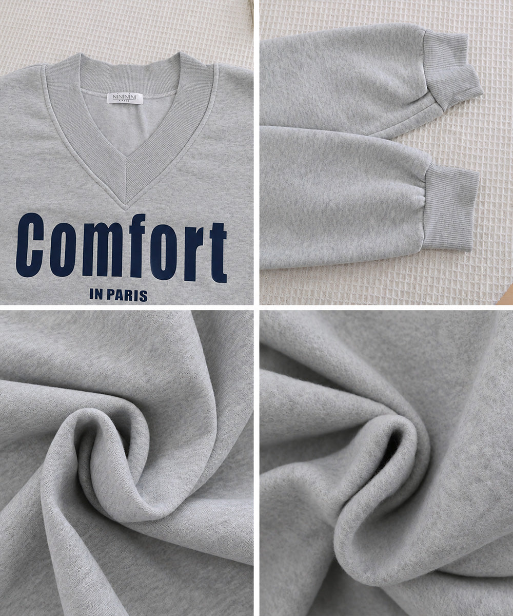 Vネックロゴプリント裏起毛スウェット長袖