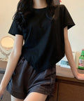 レディース アシンメトリー Tシャツ シンプル リボンドロストトップス 抜け感 シャーリング半袖 薄手 サイド絞り半袖 韓国風 ドロスト Tシャツ 95DUANXIU-002