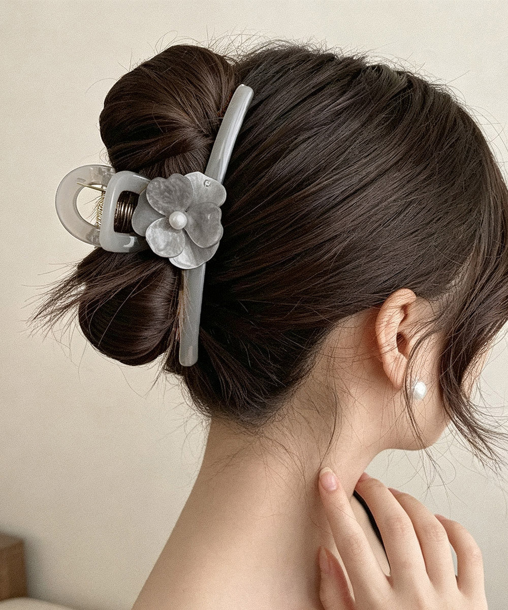 バンスクリップ 大きめ ヘアアクセサリー 透明艶感 パールヘアクリップ シンプル上品 ヘアアクセサリー 大ぶり花モチーフ オフィス シンプル髪留め 95FASHI-010