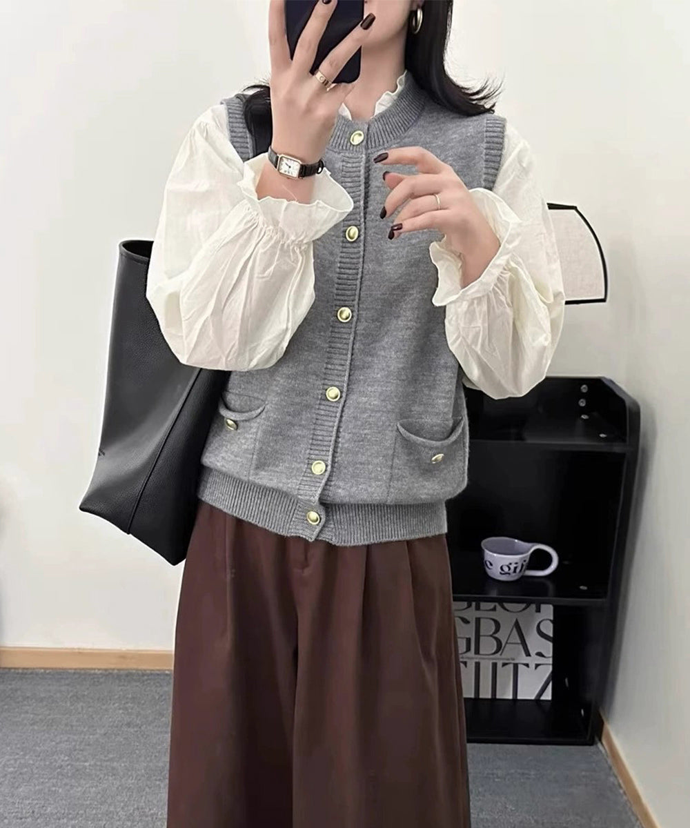 上品ニットベスト 前開きジレ ニットジレ 韓国風 丸首 ノースリーブニットトップス きれいめ レイヤード ポケット付き 着やせ 体型カバー 重ね着 95JINTIAN-002