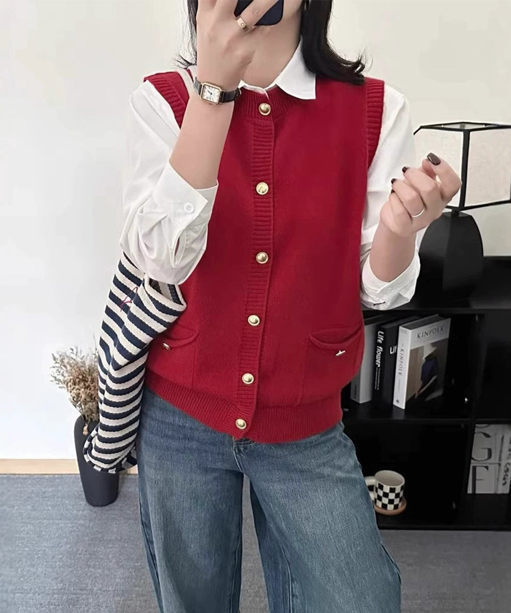上品ニットベスト 前開きジレ ニットジレ 韓国風 丸首 ノースリーブニットトップス きれいめ レイヤード ポケット付き 着やせ 体型カバー 重ね着 95JINTIAN-002