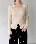 ポロニット襟付きリブニットトップス韓国風 アイボリー