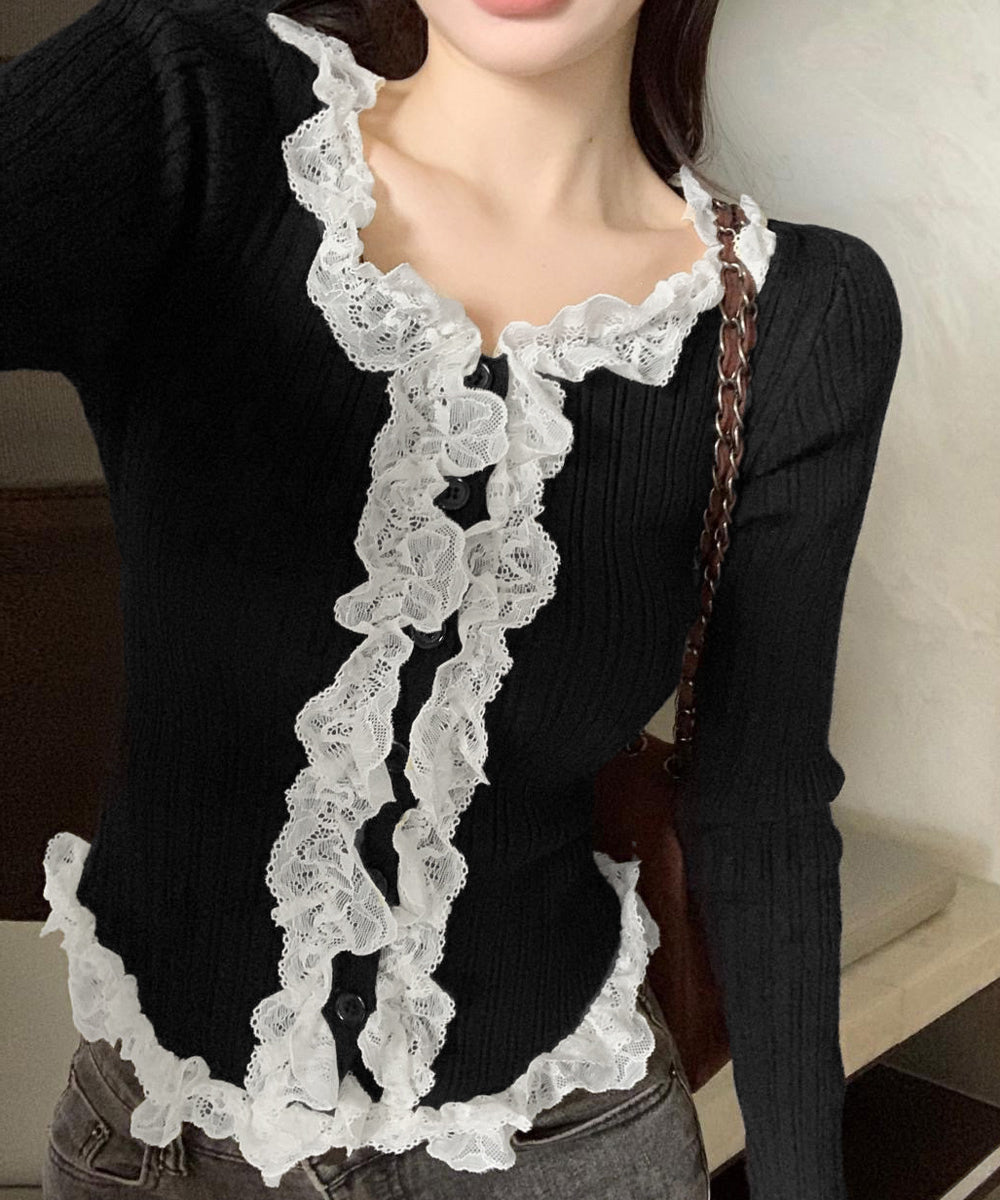 レースフリルリブニットカーディガン韓国風 レディース華やかラッフル前開きニットトップスコンパクト丈 大人可愛いセーターショートプルオーバー 細見え秋冬服バレエコア 96XIAOAN-001