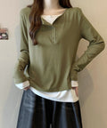 ヘンリーネック長袖リブカットソー重ね着風 フェイクレイヤードトップス秋服長袖Tシャツレディース大人カジュアル韓国風tops 前ボタン秋冬トップス着やせロンT細見え 96YKELI-004