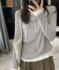 ヘンリーネック長袖リブカットソー重ね着風 フェイクレイヤードトップス秋服長袖Tシャツレディース大人カジュアル韓国風tops 前ボタン秋冬トップス着やせロンT細見え 96YKELI-004