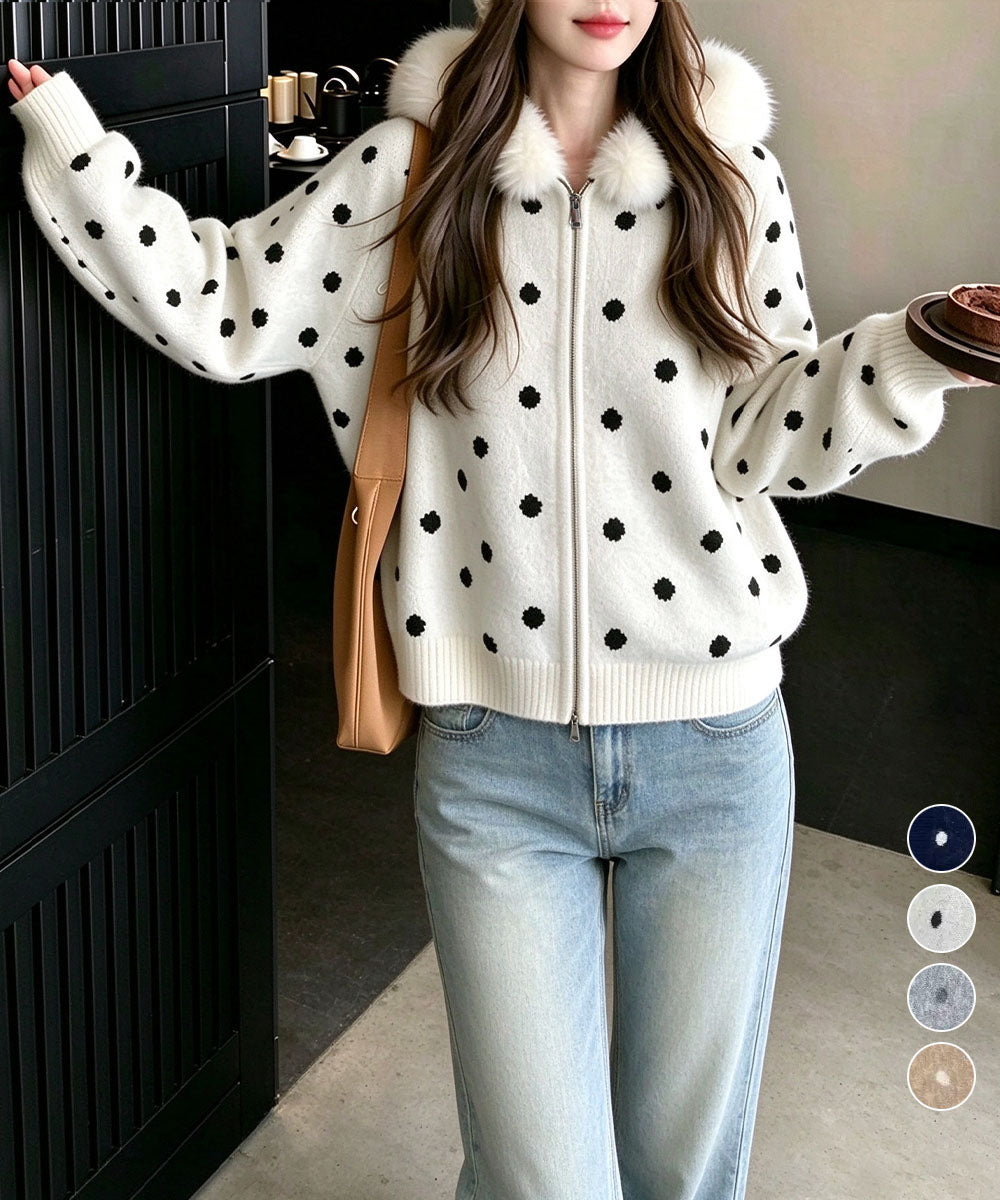 ドット柄ファーフードニットブルゾン韓国風