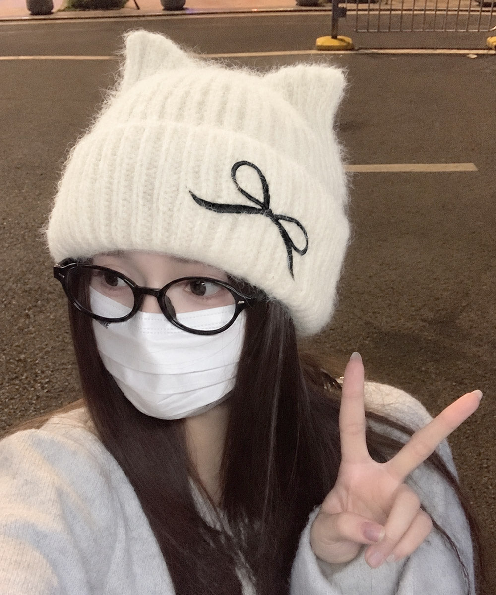 ネコ耳リブニット帽リボン付きビーニー秋冬 詳細画像2