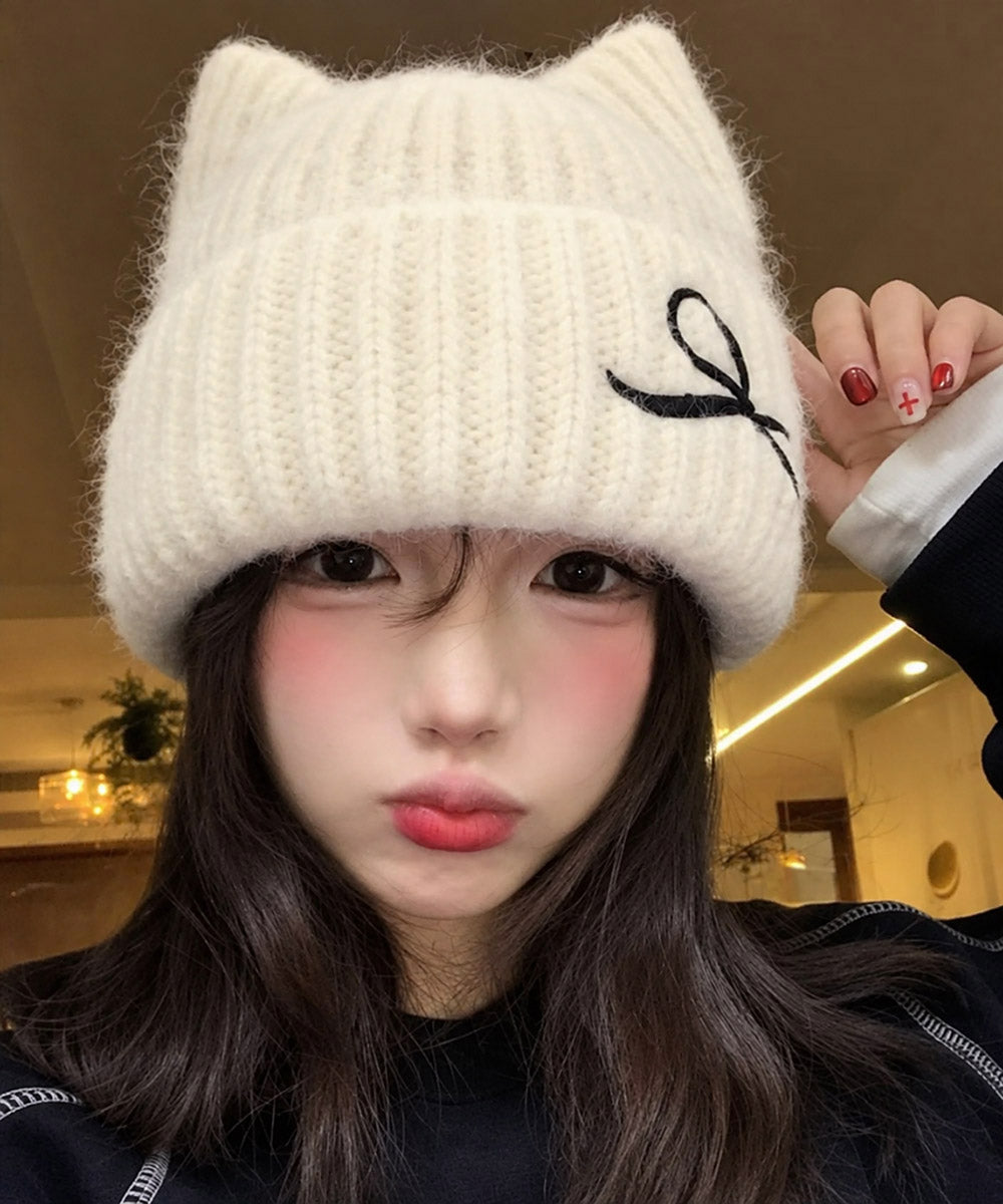 ネコ耳リブニット帽リボン付きビーニー秋冬 詳細画像4