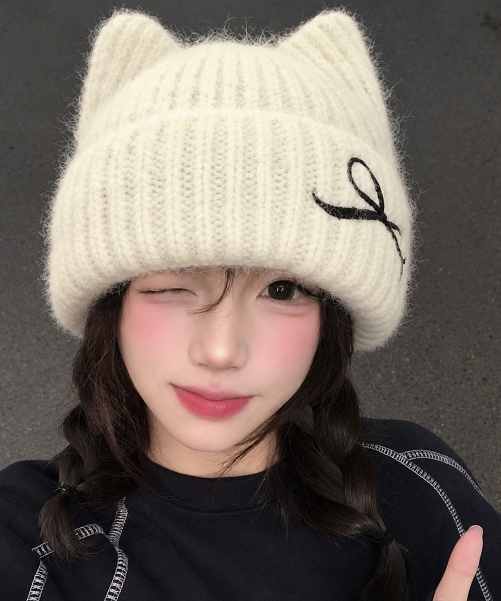 ネコ耳リブニット帽リボン付きビーニー秋冬 詳細画像5