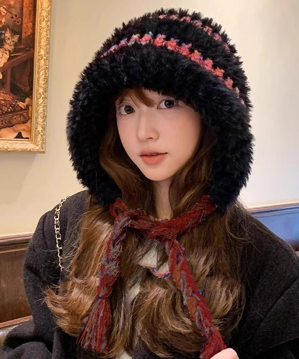 暖かいニット帽ファーキャップもこもこ帽子 ブラック