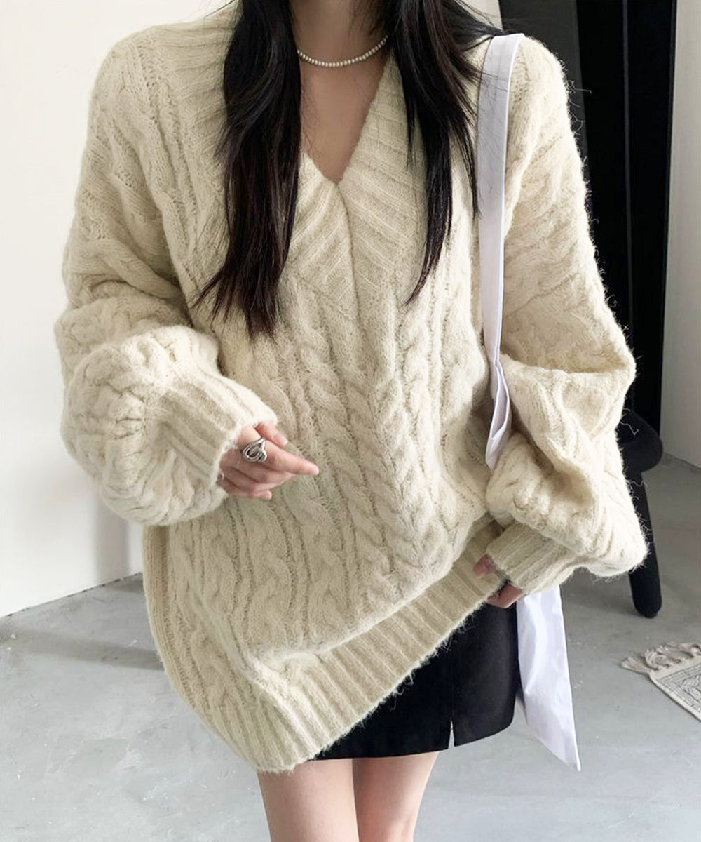 ケーブル編み ニットトップス レディース 韓国風ニットチュニック秋冬 ドロップショルダーニット大人可愛い vネックセーター学生 通学服 ボリューム袖ニットおしゃれ 97SY-006