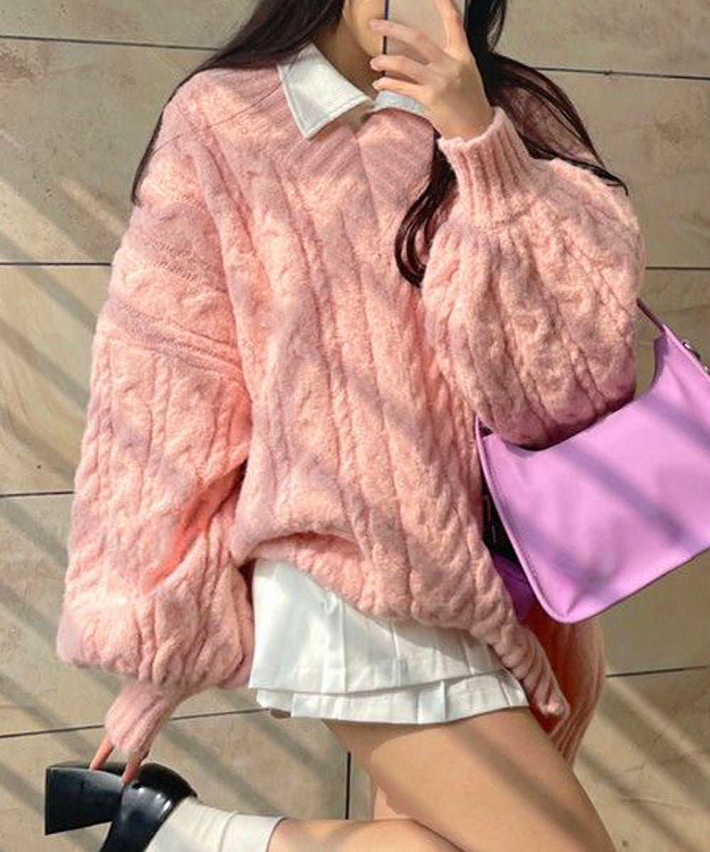 ケーブル編み ニットトップス レディース 韓国風ニットチュニック秋冬 ドロップショルダーニット大人可愛い vネックセーター学生 通学服 ボリューム袖ニットおしゃれ 97SY-006