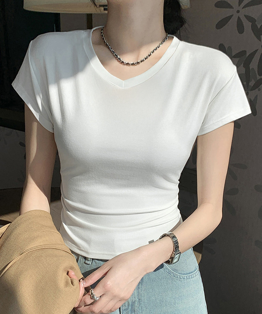サイドギャザーtシャツ半袖トップス韓国風 ホワイト