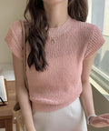 フレンチスリーブサマーニットトップス夏服 透かし編みニットレディースきれいめ 大人可愛いニットソーおしゃれ ローゲージニット ラウンドネック ニット透け感トップス 97SY-015