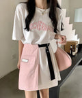 ロゴTシャツワンピース 巻きミニスカート プチプラセットアップレディースカジュアル ロングtシャツおしゃれ 英字プリントtシャツ半袖 ラップミニスカートレイヤード 97TAOZH-001