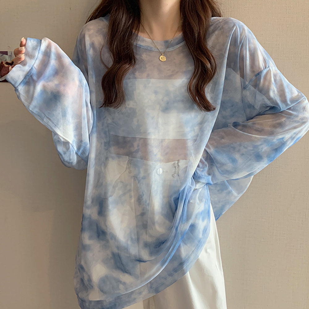 シースルー Tシャツ レディース 長袖 薄ブルー