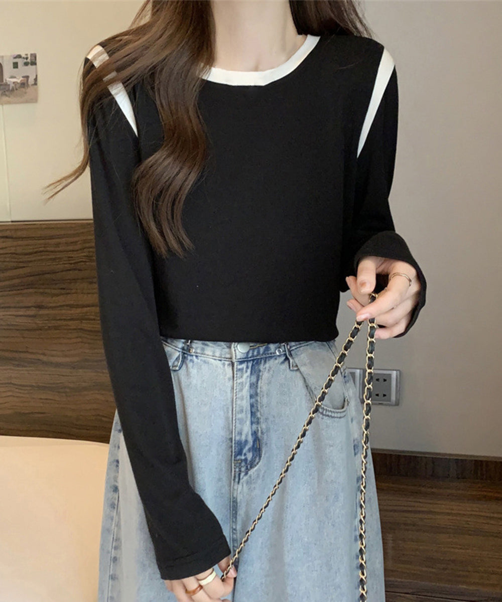 バイカラー Tシャツ 長袖 韓国風 ブラック
