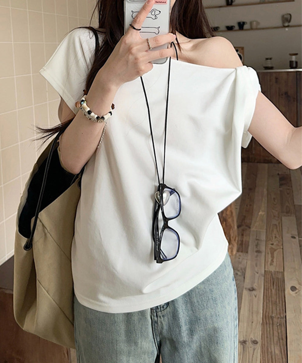 オフショルダーTシャツ 半袖 トップス ワンショルトップスレディース 斜め肩デザイントップス サイドギャザーワンショルダーカットソー おしゃれ肌見せ夏服 韓国風 98YRLAN-001