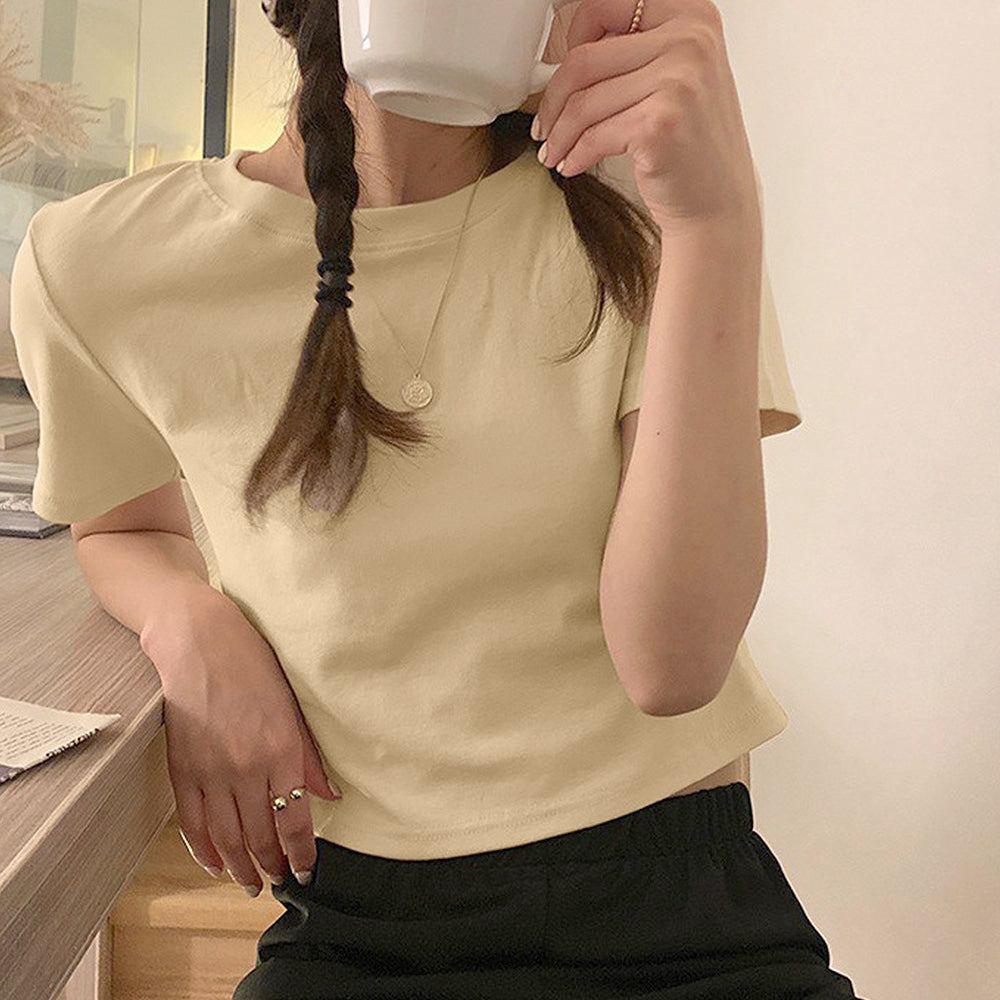 ショート丈tシャツ へそ出し 8色 夏 クリームイエロー