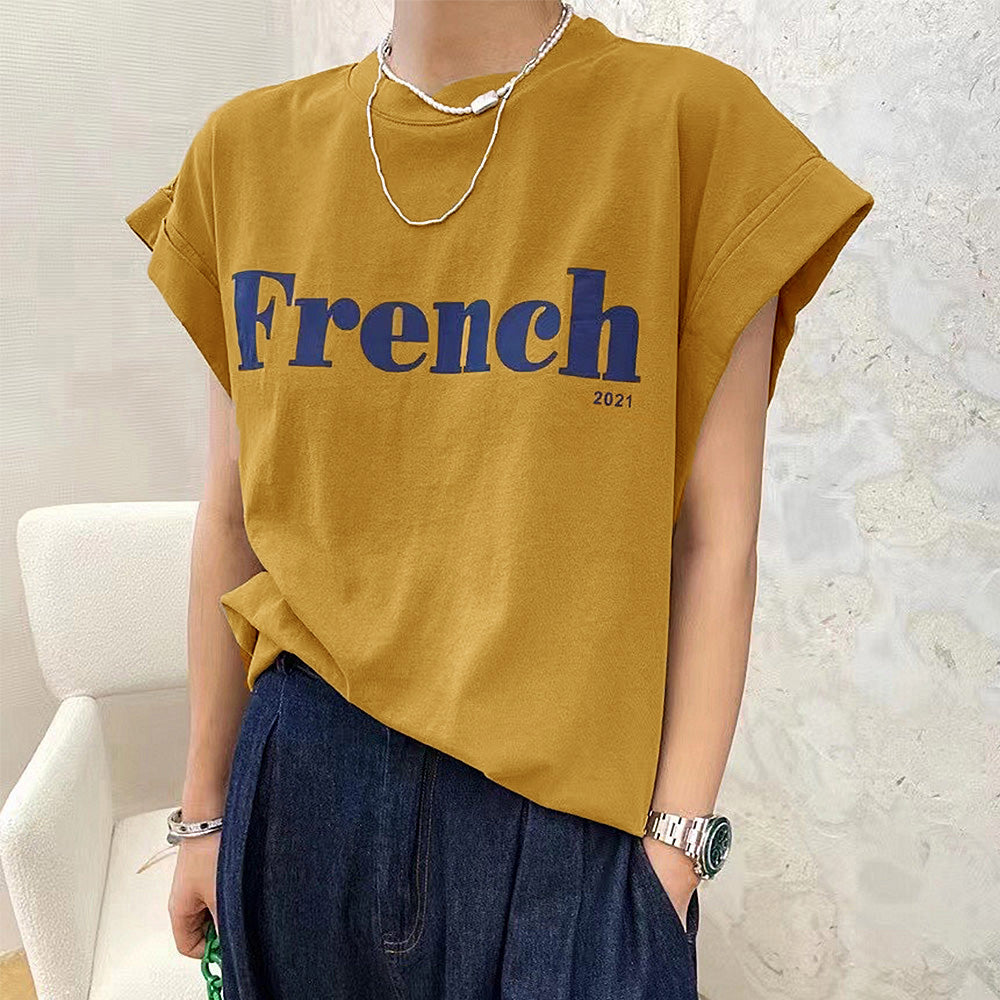フレンチスリーブ 英字ロゴTシャツ 韓国 マスタード