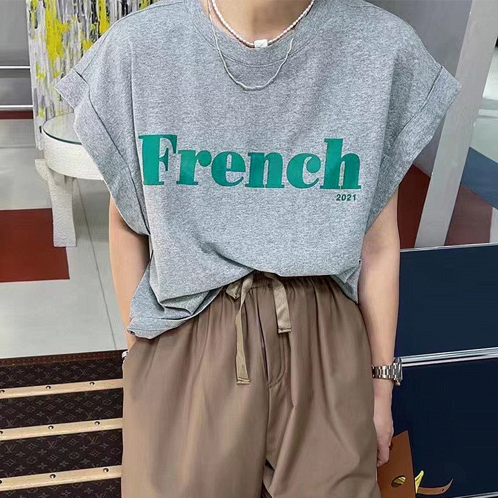 フレンチスリーブ 英字ロゴTシャツ 韓国 グレー