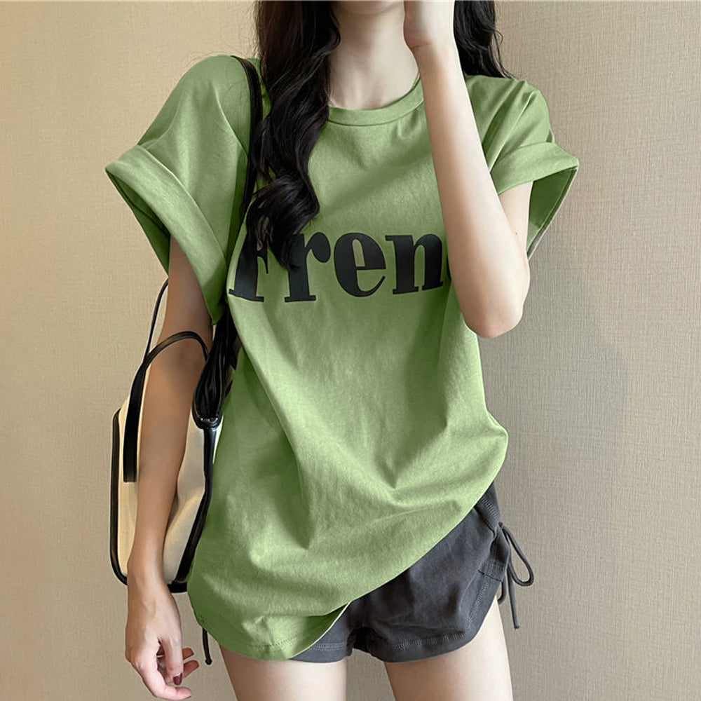 フレンチスリーブ 英字ロゴTシャツ 韓国 ライトグリーン