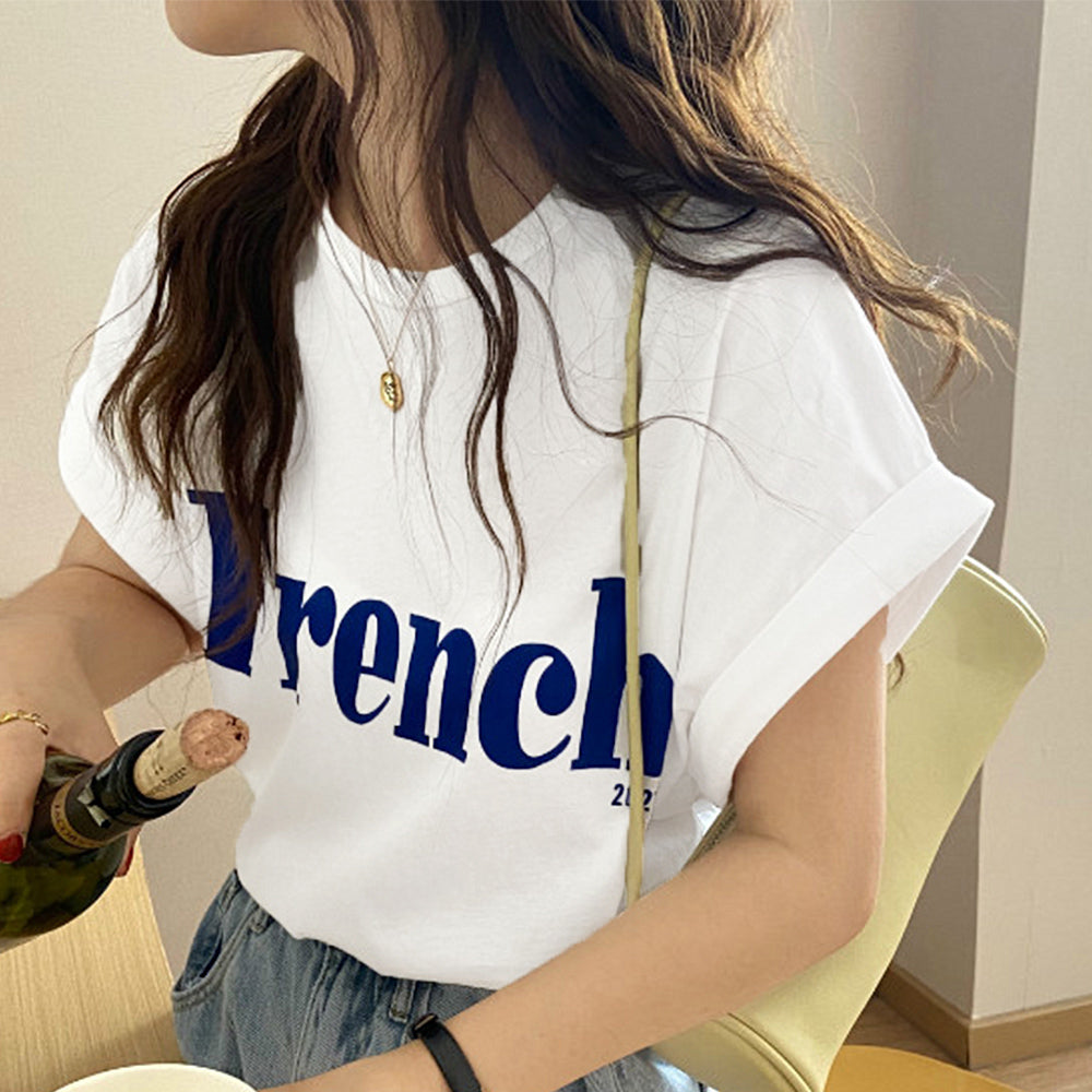 フレンチスリーブ 英字ロゴTシャツ 韓国 ホワイト