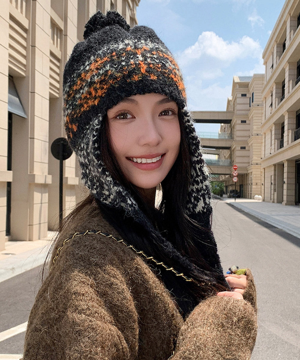 ニット帽子 レディース 配色 紐付き チャコールグレー