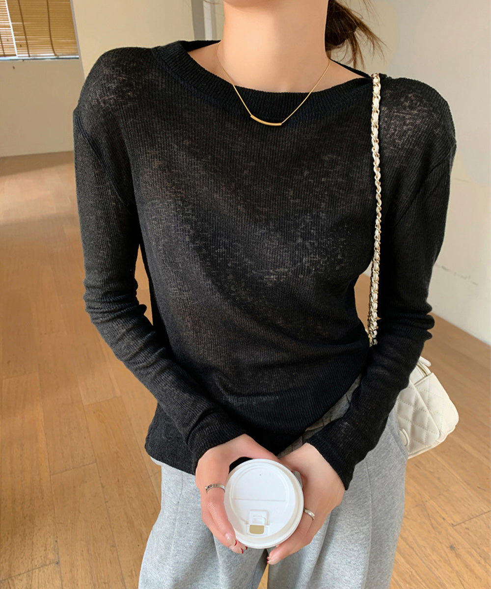 長袖Tシャツ レディース 無地 透け ブラック