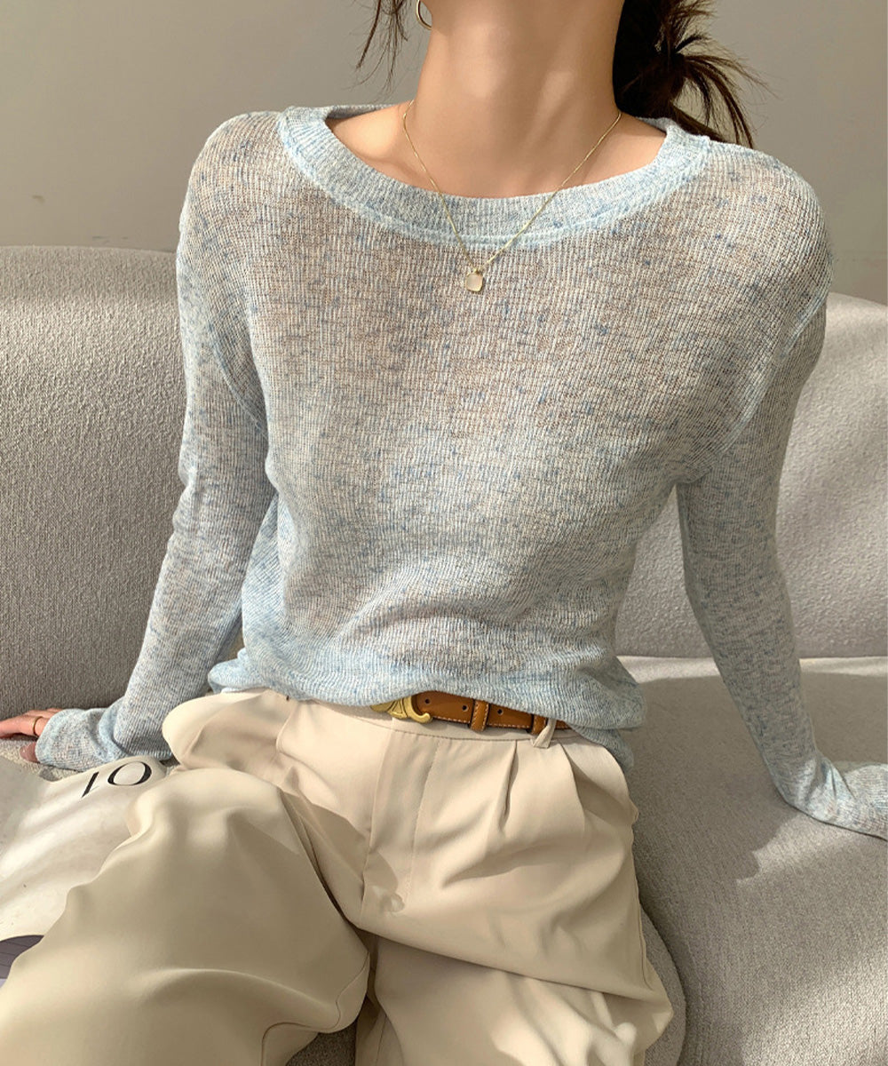 長袖Tシャツ レディース 無地 透け ブルー