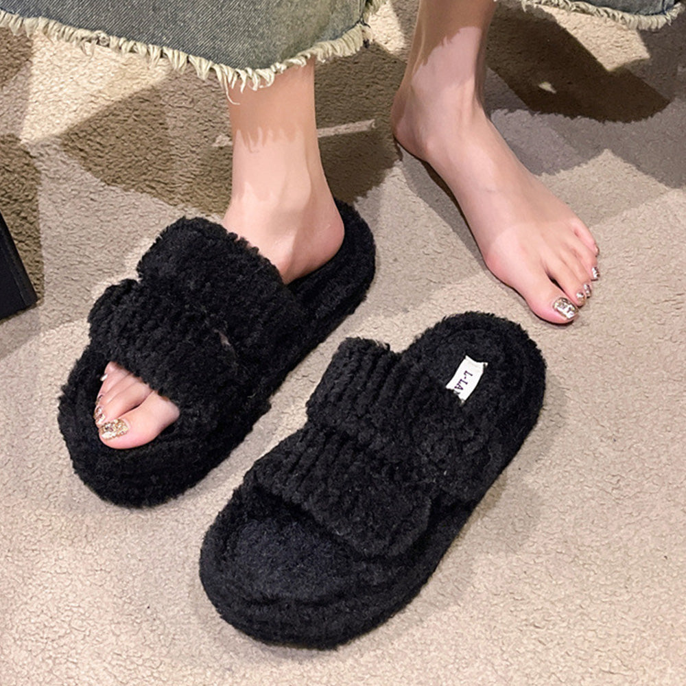 ファーサンダル レディース 厚底スリッパ ブラック