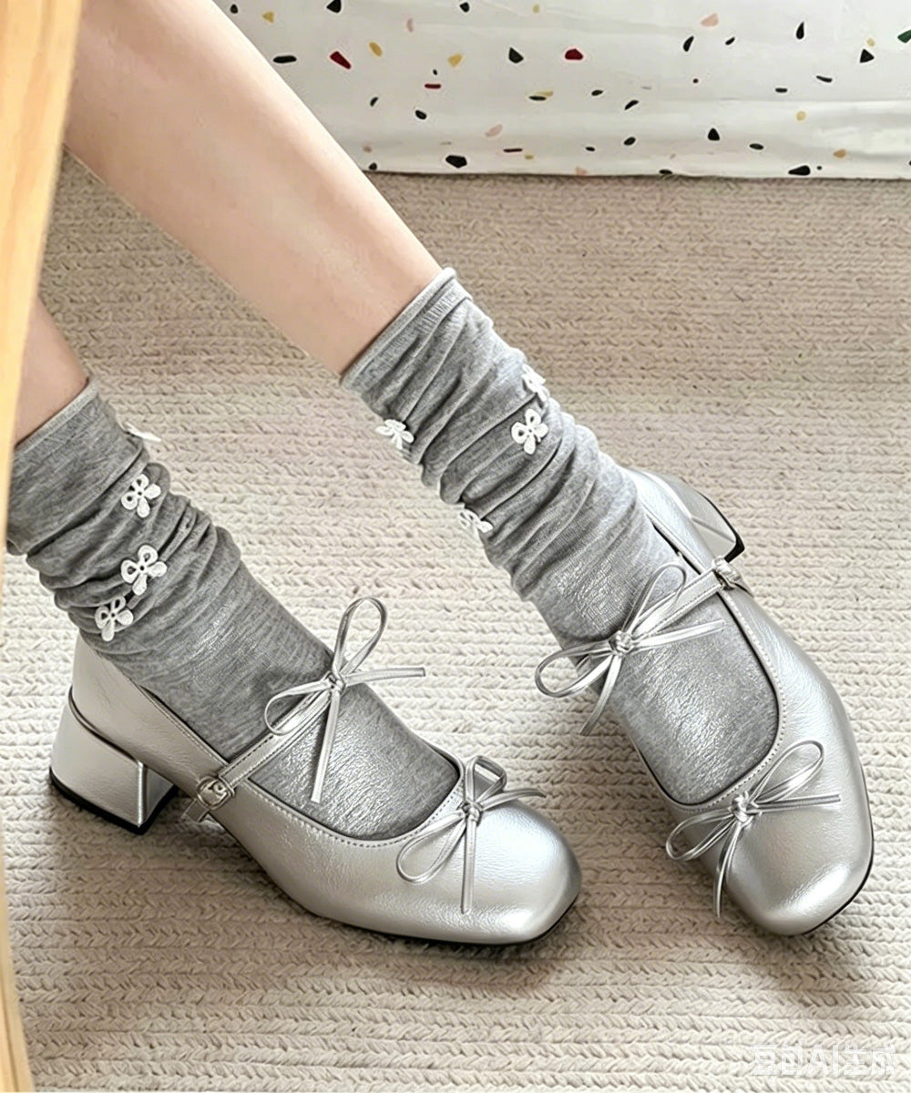 リボン バレエパンプス 美脚ヒール シルバー