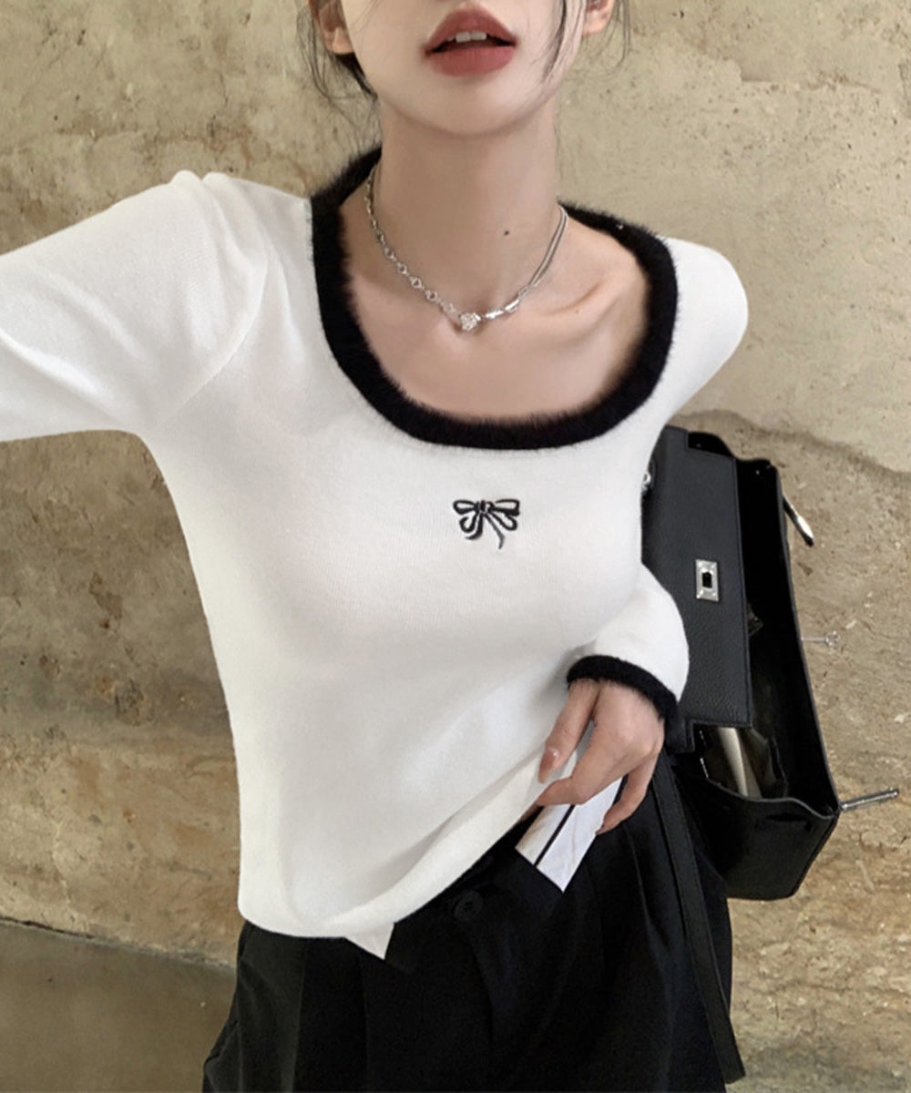 Tシャツ クールネック 刺しゅう 秋冬 レディーストップス 韓国風 ショート丈 長袖 フェミニン 大人可愛い セクシー デート オルチャン おしゃれ 着回し 99KWE-001
