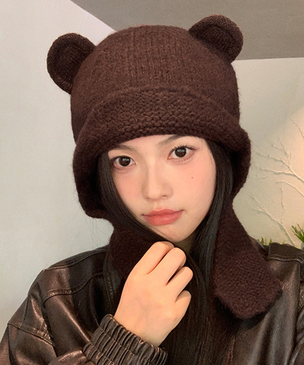 くま耳ニット帽 レディース 韓国風 ダークブラウン