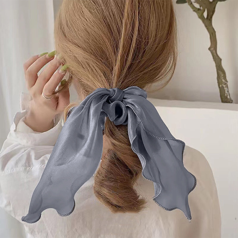 シュシュ 透け感サテン ヘアゴム 韓国風 ブルーグレー