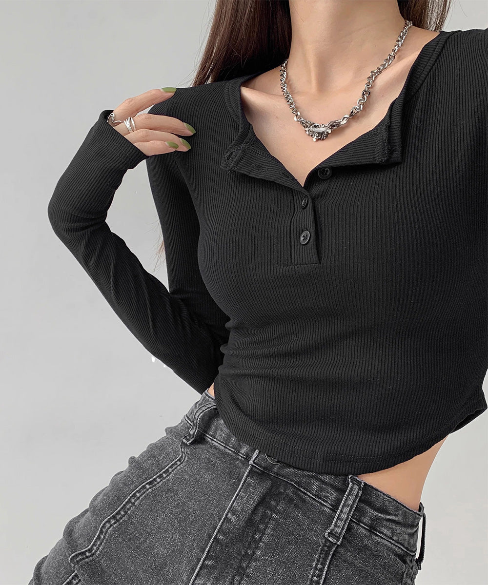 長袖Tシャツ レディース ボタン 無地 細身Tシャツ セクシー 細見え オルチャン 着やせ 大人 シンプル おしゃれ フィットフェミニン 着回し 99WBX-016