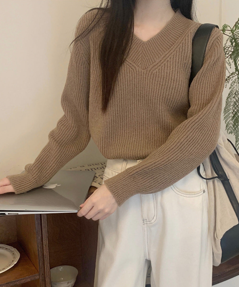 ニットトップス レディース 無地Vネック キャメル